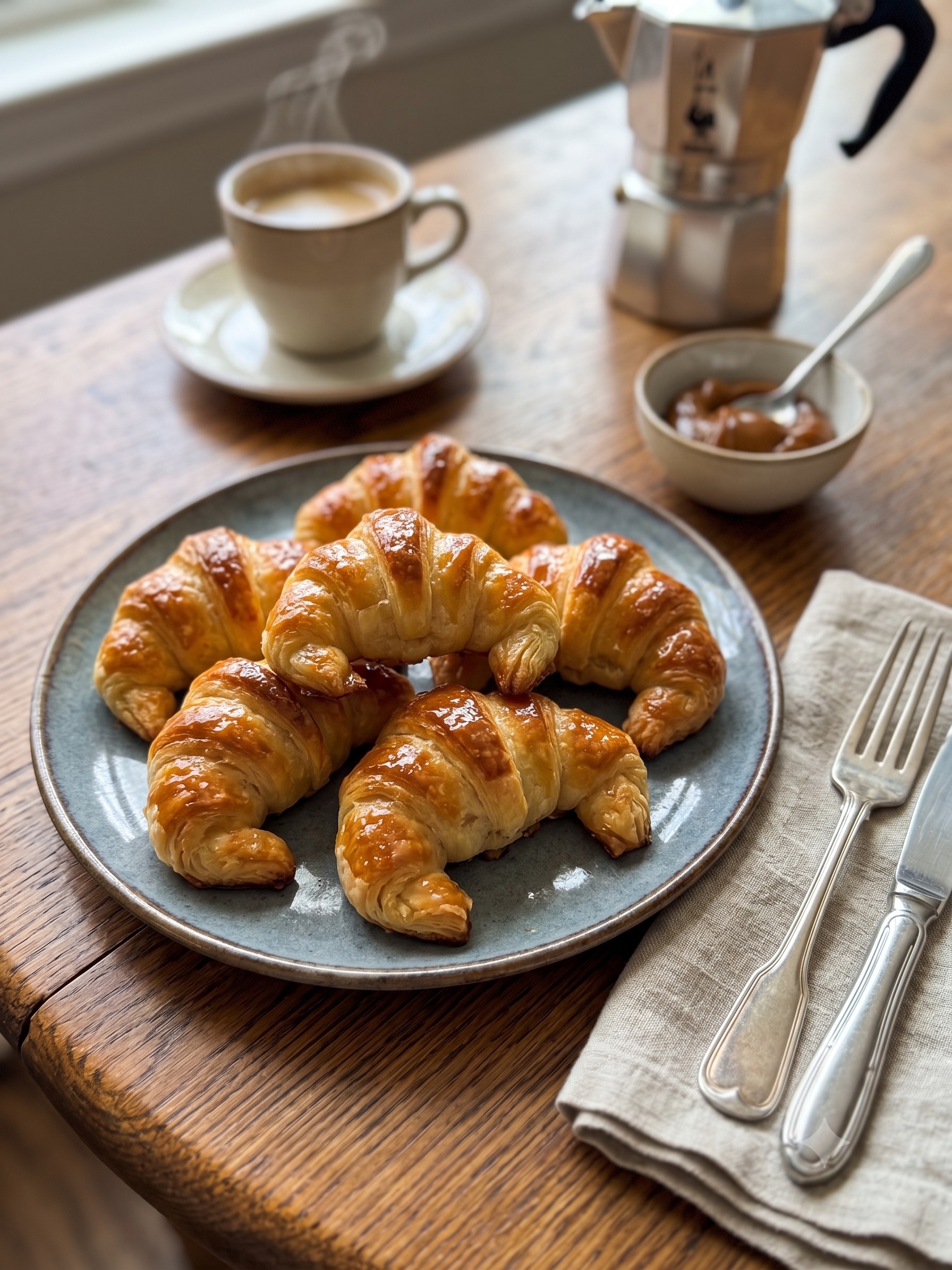 Fresh golden medias lunas served on a plate with coffee